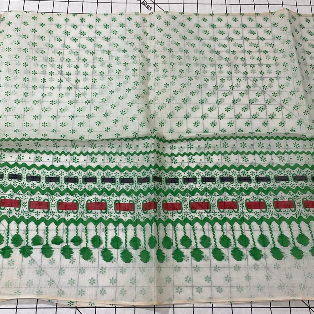 Vintage organdy fabric, sheer w green, red and black design, 1 yard square
